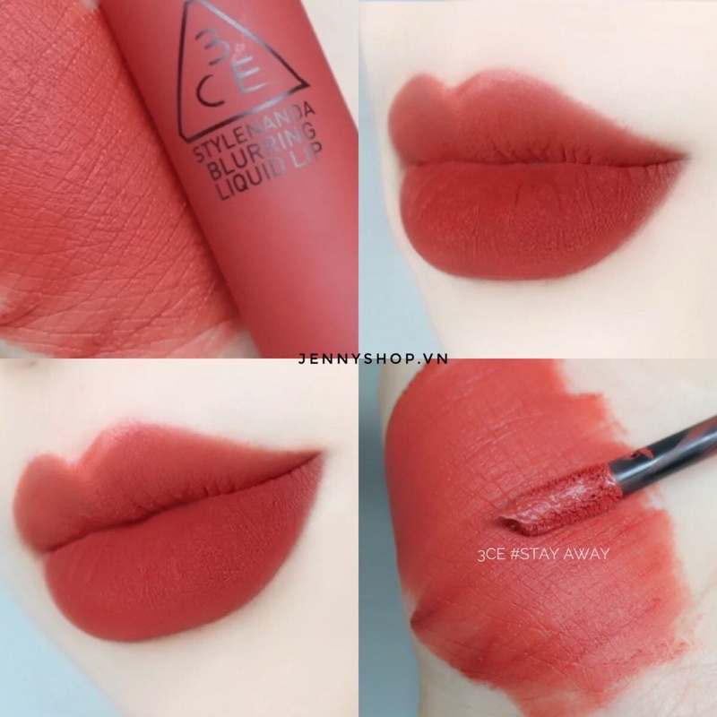 Son kem 3CE Blurring Liquid Lip Stay Away (Đỏ ớt pha cam nâu)