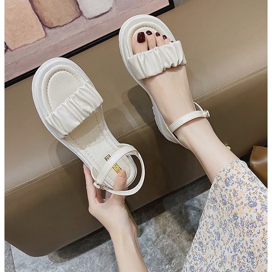 Sandal Nữ Ulzzang Vintage, Dép Quai Hậu Bản Ngang Nhún Đế Cao Su Chống Trơn PU Độn 5cm Quai Gài Hàn Quốc - Iclassy_shoes