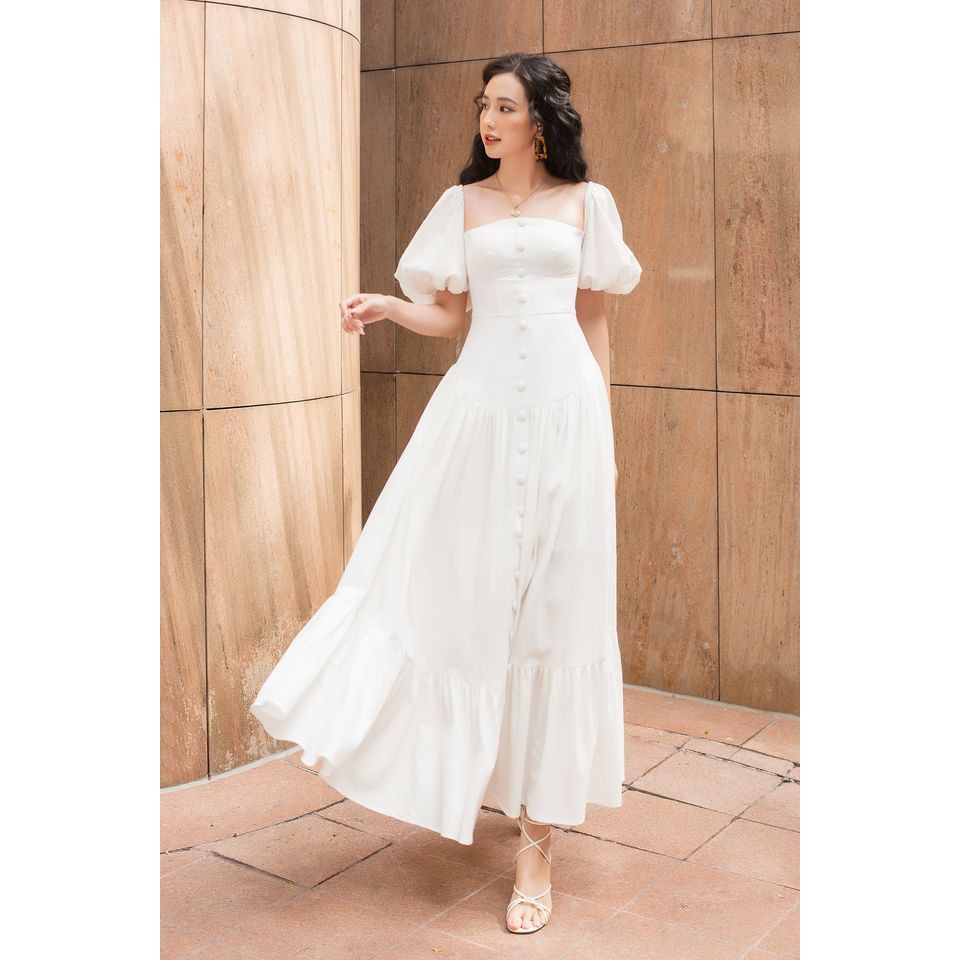 SÒ VINTAGE - REYNA Đầm maxi xô cổ U tay phồng phối nút