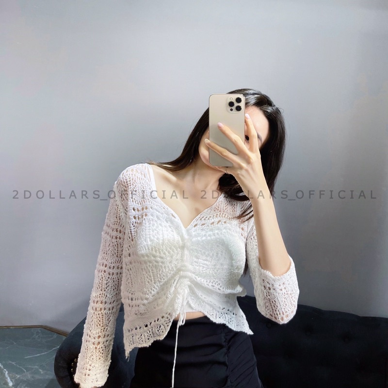 A2116 - Áo Len Móc Lưới Ren Rút Chun Ngực