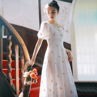 Đầm Maxi Tay Ngắn Hoạ Tiết Hoa Thêu Nữ Tính