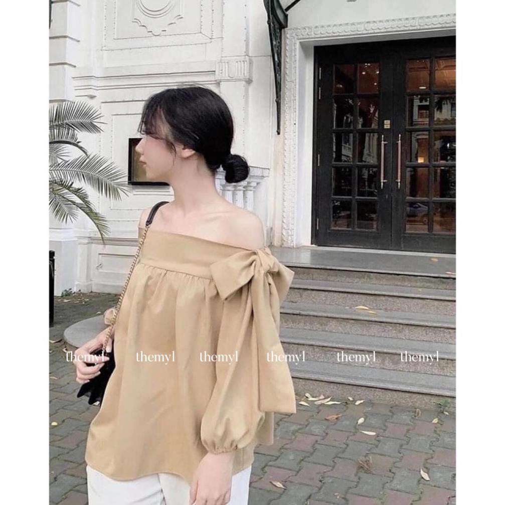 Áo trễ vai buộc nơ tay dài, áo babydoll trễ vai thắt nơ - myl.fashion