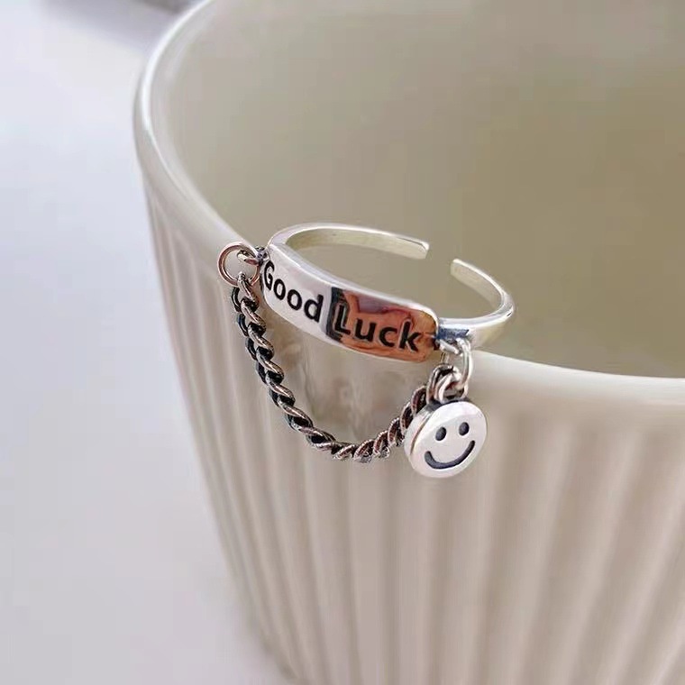 Nhẫn đeo ngón tay dạng hở thiết kế mặt cười chữ cái Tiếng Anh và chuỗi dây phong cách Hàn Quốc thời trang unisex