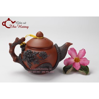 Bộ ấm chén Bát Tràng_Bộ bình trà gốm hoa văn đắp nổi đất đỏ