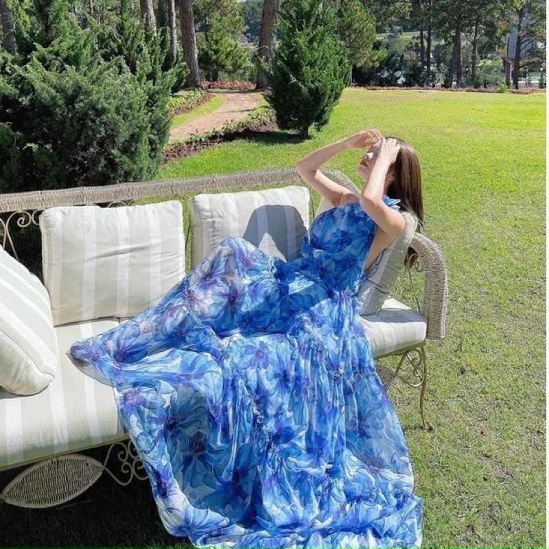Váy Maxi lệch 1 vai kèm bông dáng xoè tùng bự phong cách Hà Kiều Fashion