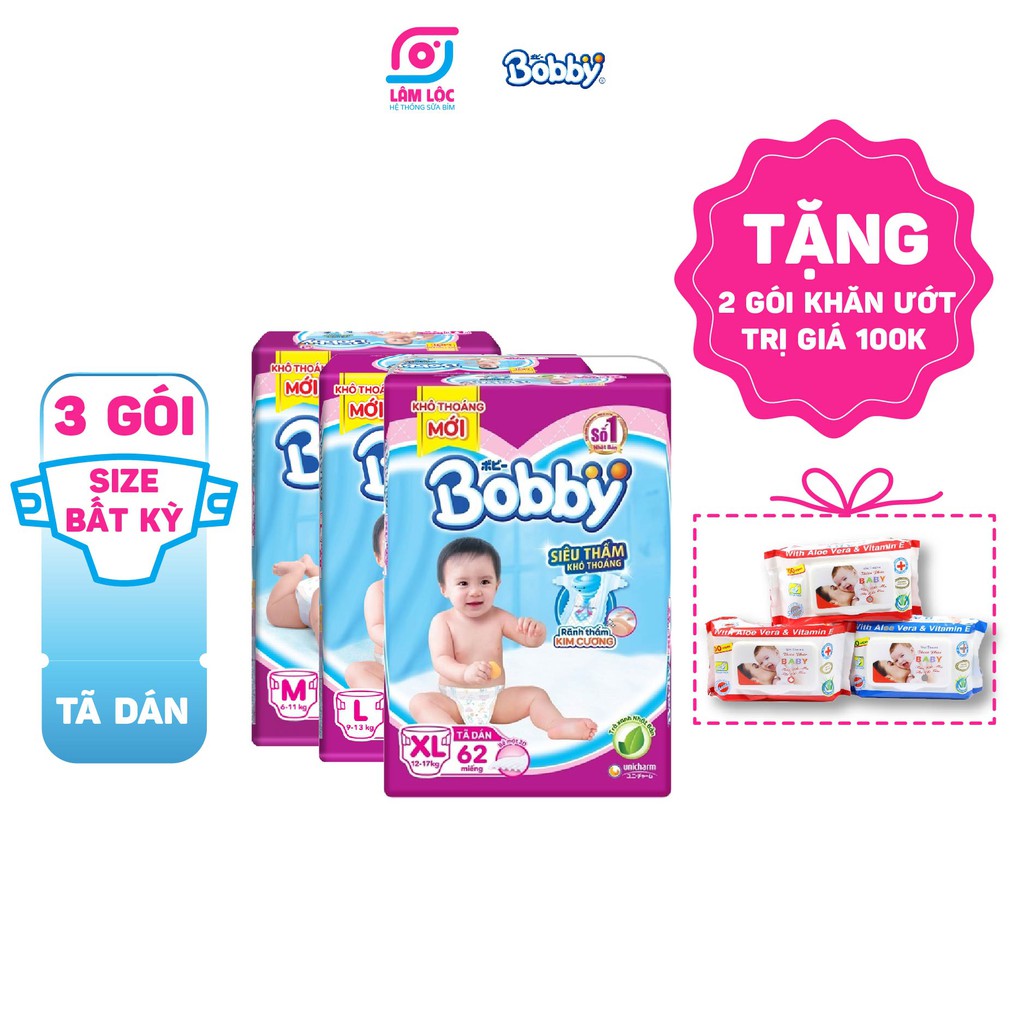 Bỉm dán Bobby, tã dán Bobby size NB1(64M),NB2(60M),XS42,S88,M48,L68,XL62 (2 bịch tặng 1 khăn ướt,3 bịch tặng 2 khăn ướt)