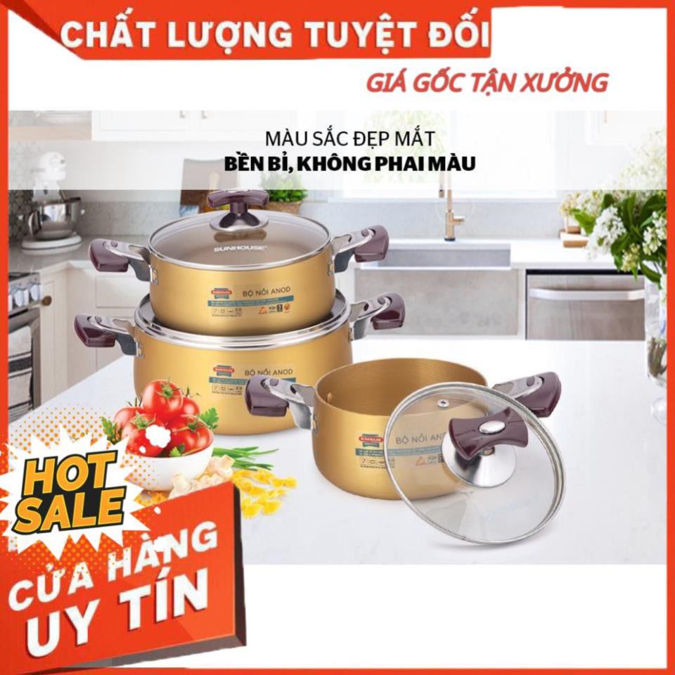 [ Size 16-20-24cm màu vàng] Bộ nồi Anod Sunhouse SH6634 chất liệu nhôm dùng bếp gas bếp hồng ngoại