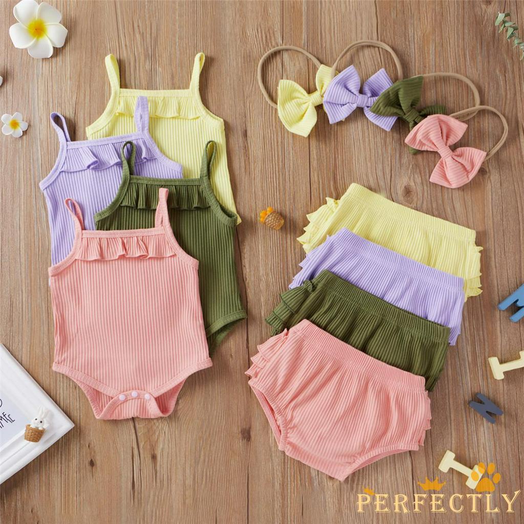 Jumpsuit Sát Nách Màu Trơn + Quần Ngắn + Băng Buộc Đầu Cho Bé Gái Sơ Sinh, -0 - 18 Tháng Tuổi