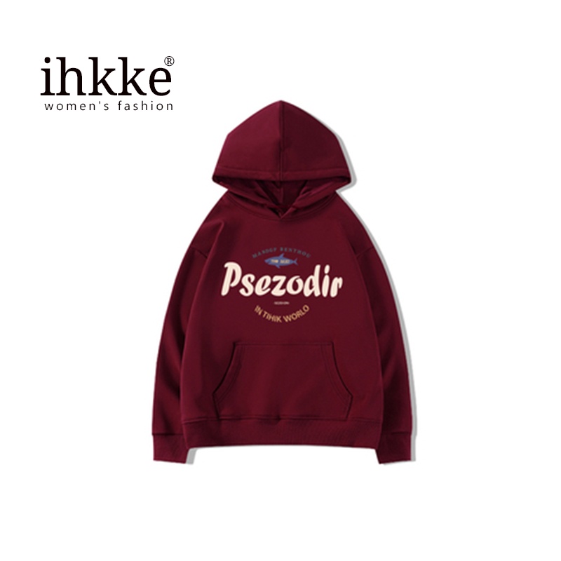 Áo hoodie IHKKE màu trơn thời trang phong cách retro