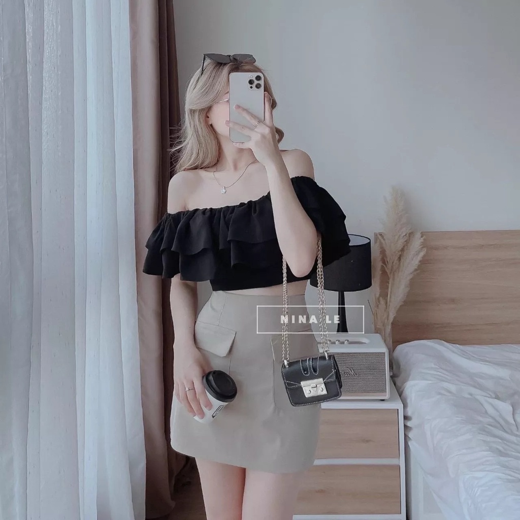 Sét bộ đồ nữ chân váy tapda phối áo lụa đen trễ vai cực kì thanh lịch tôn dáng trẻ trung sang trọng thanh lịch siêu xinh