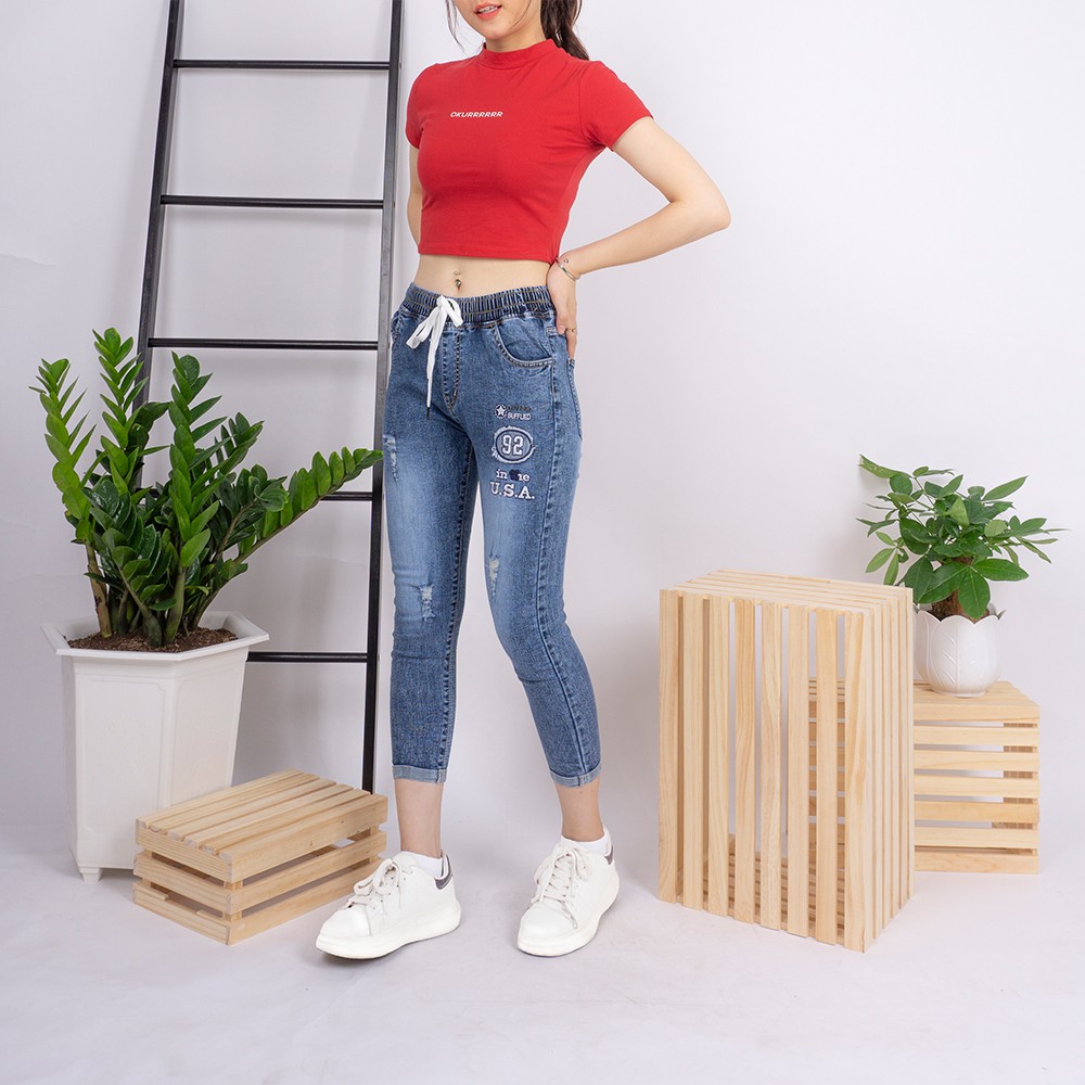 Quần jean nữ Ulzzang GENZ baggy lưng thun nữ thêu chữ thời trang co giãn ZWJ005