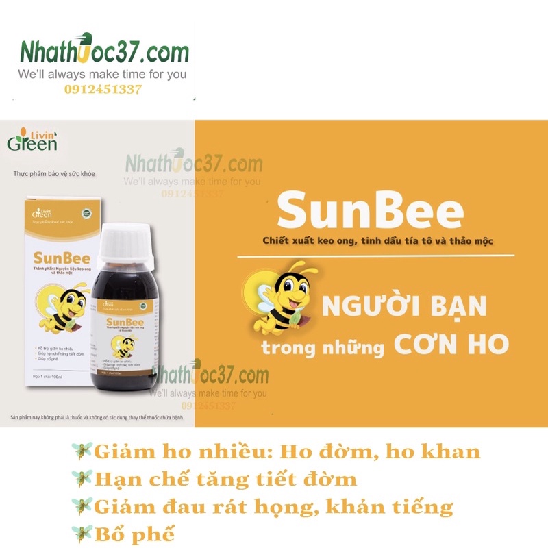 Siro ho Sunbee hỗ trợ giảm ho đờm, ho khan, đau rát họng, viêm họng. Giúp bổ phế, hạn chế kháng sinh