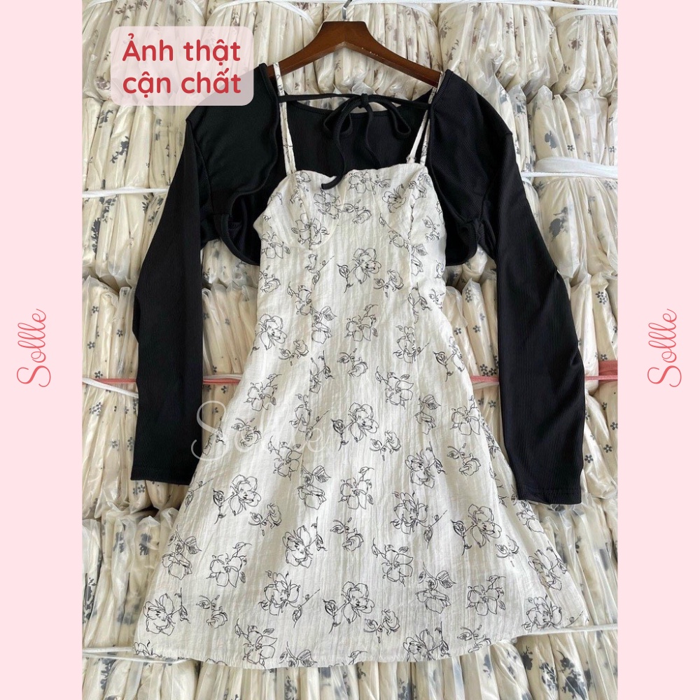 Set váy nữ đầm ngắn 2 dây hoa nhí chun lưng và áo khoác cardigan free size Hàn Quốc Sollle