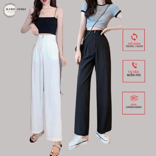 quần ống suông, quần vải ống rộng cạp cao gen bụng khóa trước