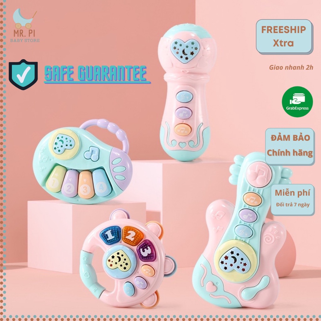 Đồ Chơi Âm Nhạc Đàn Cho Bé, Guitar Kèm Xúc Xắc Lục Lạc Cầm Tay, Micro, Trống Nhạc Cho Bé Sơ sinh 1-2-3-4 Tuổi