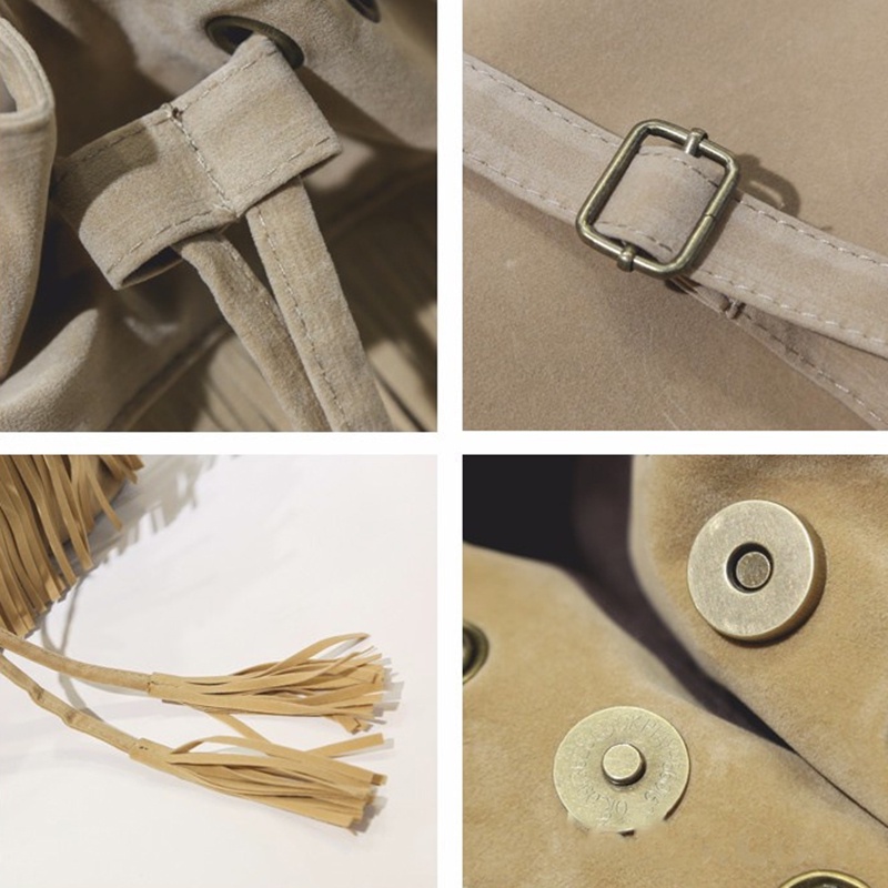 IELGY Túi Xách Rút Dây Đeo Chéo Mềm Mại Phối Tua Rua Thời Trang Cho Nữ