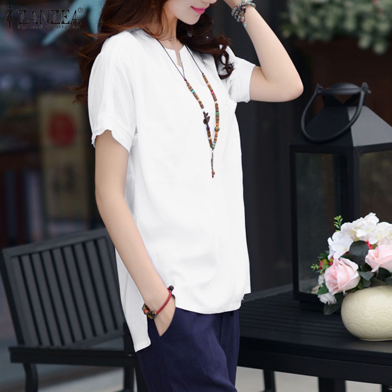 Áo kiểu Zanzea ngắn tay cổ chữ V màu trơn phong cách Hàn Quốc cổ điển thời trang cho nữ