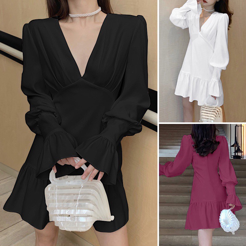 Đầm mini ZANZEA tay xòe cổ V viền nhún bèo thời trang thanh lịch cho nữ