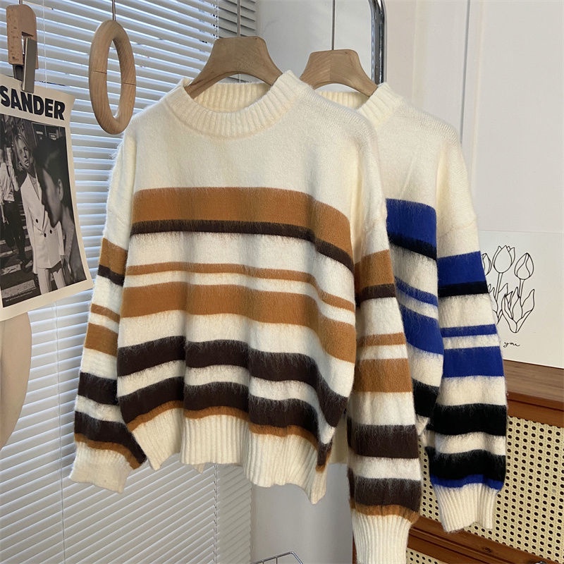 Áo sweater Tay Dài Dáng Rộng Họa Tiết Kẻ Sọc Thời Trang Mùa Thu Mới Cho Nữ