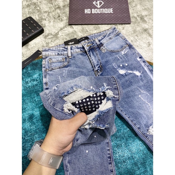 Quần jean đính đá to,quần bò đính đá rách gối