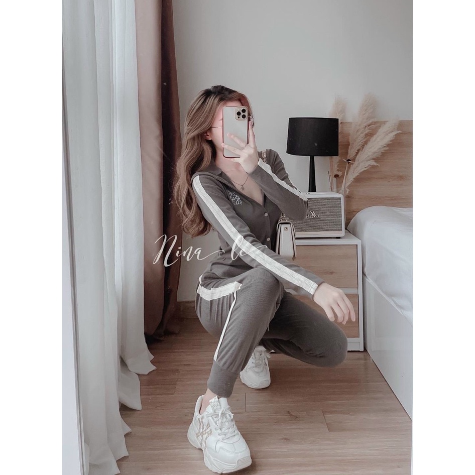 Sét Bộ Thể Thao Nữ Tay Dài Chất Thun Gân Cao Cấp, Co Giản 4 Chiều, Quần Dài Bo Chun Phối Viền, Áo Dài Tay Có Mũ Siêu Xịn