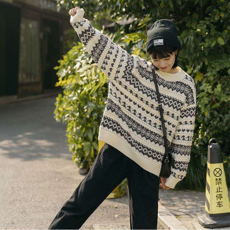 Áo len dáng rộng cổ tròn kiểu học đường phong cách Harajuku cổ điển mới dành cho nữ