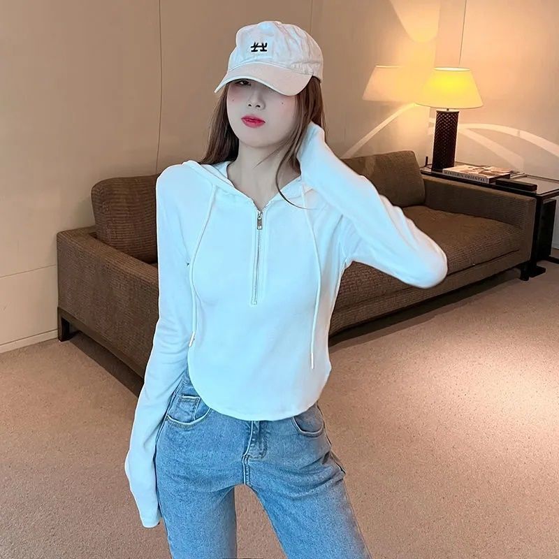 Áo Hoodie Lửng Tay Dài Có Khóa Kéo Phong Cách Hàn Quốc Thiết Kế Mới Dành Cho Nữ