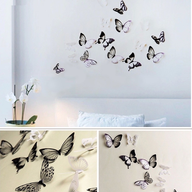 Set 12/24 Bươm Bướm 3D Màu Trắng Đen Nhiều Kích Thước Có Thể Tháo Rời Trang Trí Phòng Ngủ