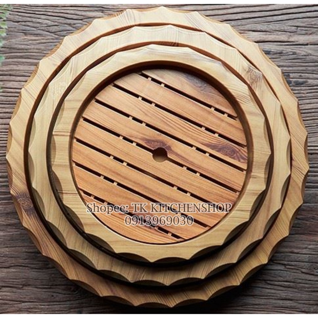 Khay bày sushi, sashimi vân gỗ hình tròn 3 kích cỡ, khay nhựa chịu nước chất liệu ABS bền đẹp có kèm vỉ lót ngăn đá