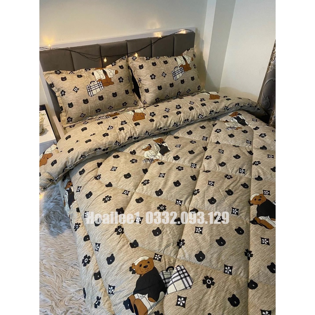 Trọn bộ ga trải giường chăn phao 5 món cottong poly gấu nơ siêu kute hột me đủ kích thước m6/m8/2m2