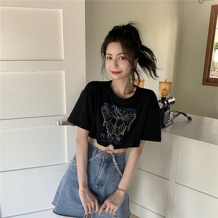 Áo croptop nữ Tay Ngắn Phối Dây Xích  áo Thun JL-TX-216