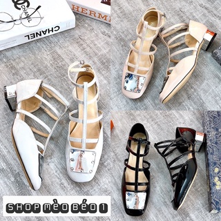 Sandal cd quai đan ngang mũi vuông gót bạc vuông fullbox