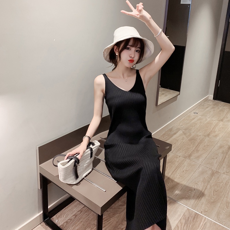 Đầm dệt kim hai dây SUXI cổ chữ V thời trang xuân hè dành cho nữ