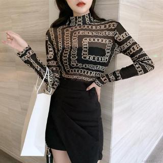 Áo thun nữ tay dài phối vải lưới xuyên thấu quyến rũ phong cách Hàn Quốc
