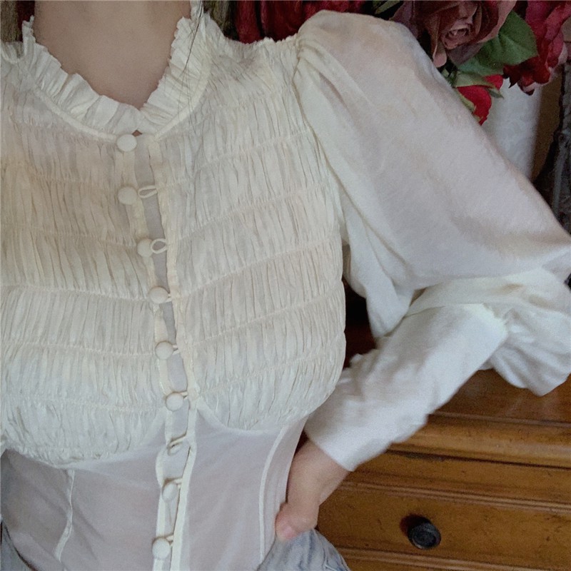 Áo sơ mi tay dài phối bèo nhún phong cách cổ điển kiểu Pháp | BigBuy360 - bigbuy360.vn