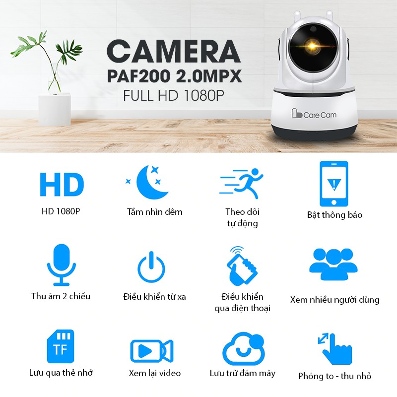 Camera Wifi IP Trong Nhà PAF-200 2.0Mpx -1080p, Hình Ảnh Xem Siêu nét, Di Chuyển Theo Chuyển Động