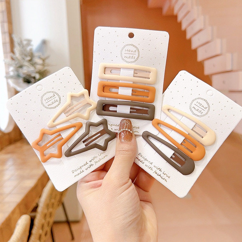 Set 3 Kẹp Tóc Khaki Màu Be / Cà Phê / Ngôi Sao / Trái Tim / Hình Học Dễ Thương Cho Bé Gái