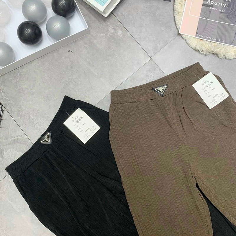 Quần baggy tăm cạp chun mix logo dáng dài nữ Ladya Store M827