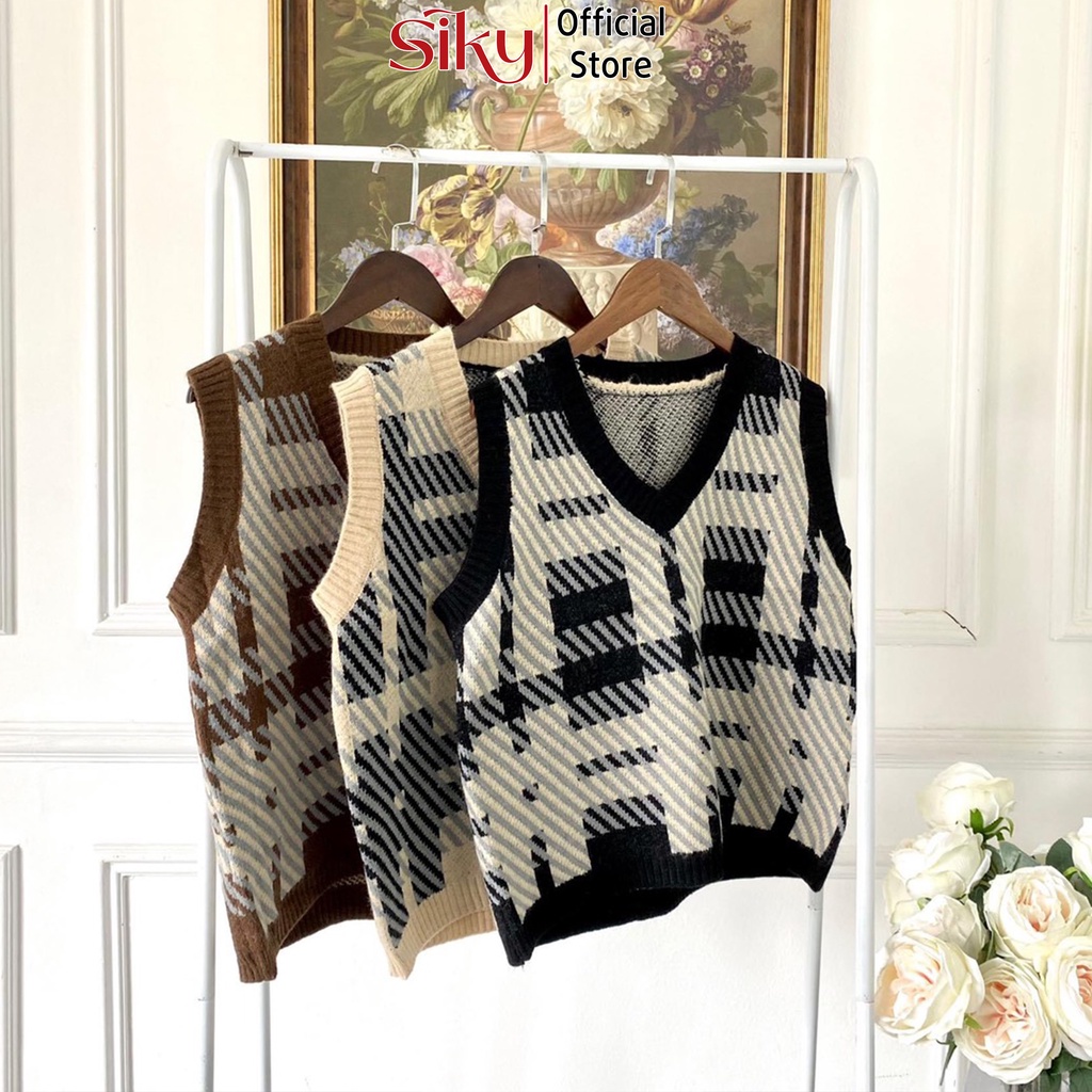 Áo gile nữ chất len dày dặn họa tiết kẻ 2 màu siêu xinh - 4BASICLen013 | BigBuy360 - bigbuy360.vn