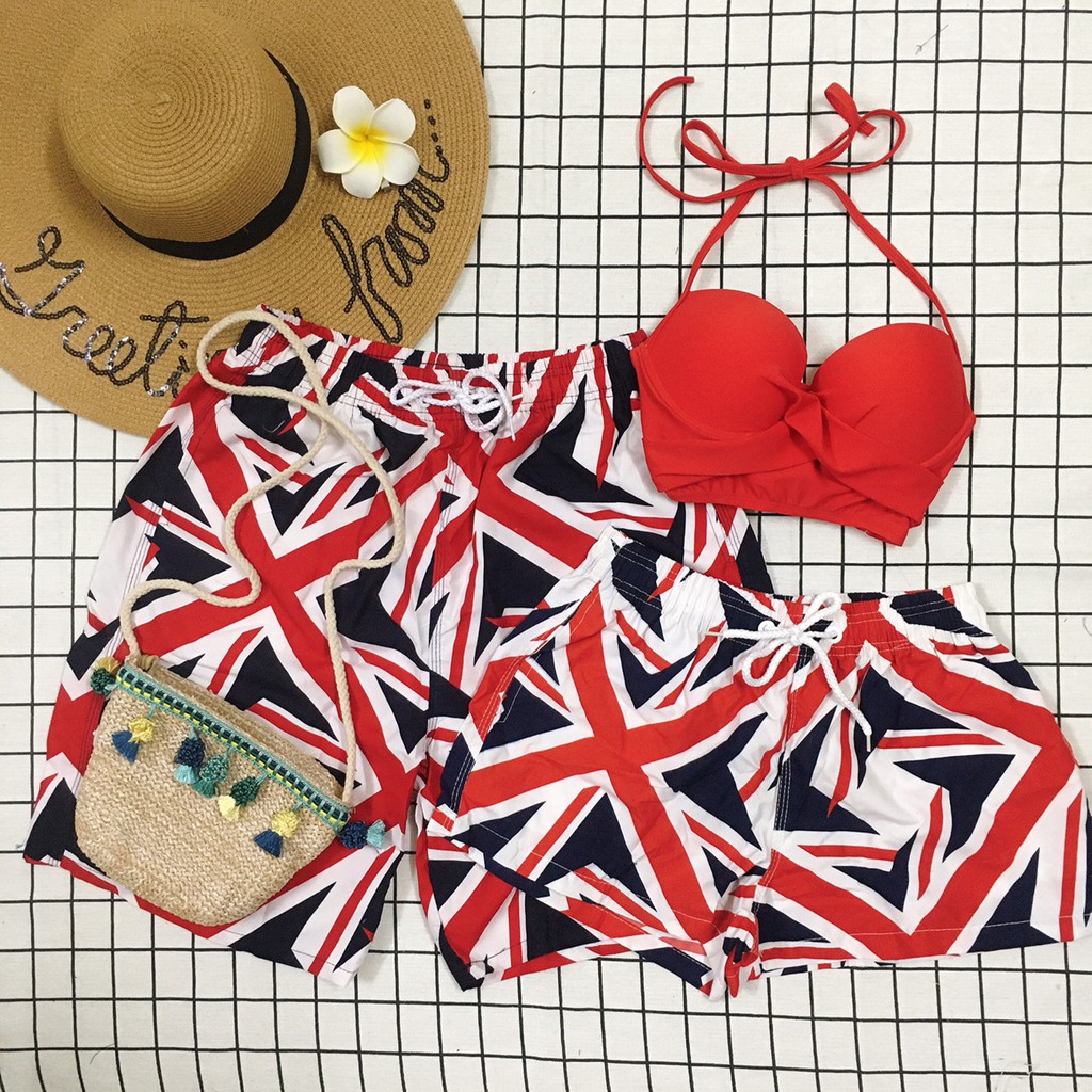 SET COUPLE, QUẦN ĐÔI ĐI BIỂN CỜ MỸ MIX ÁO CROP XOẮN NÂNG NGỰC ĐỎ -_