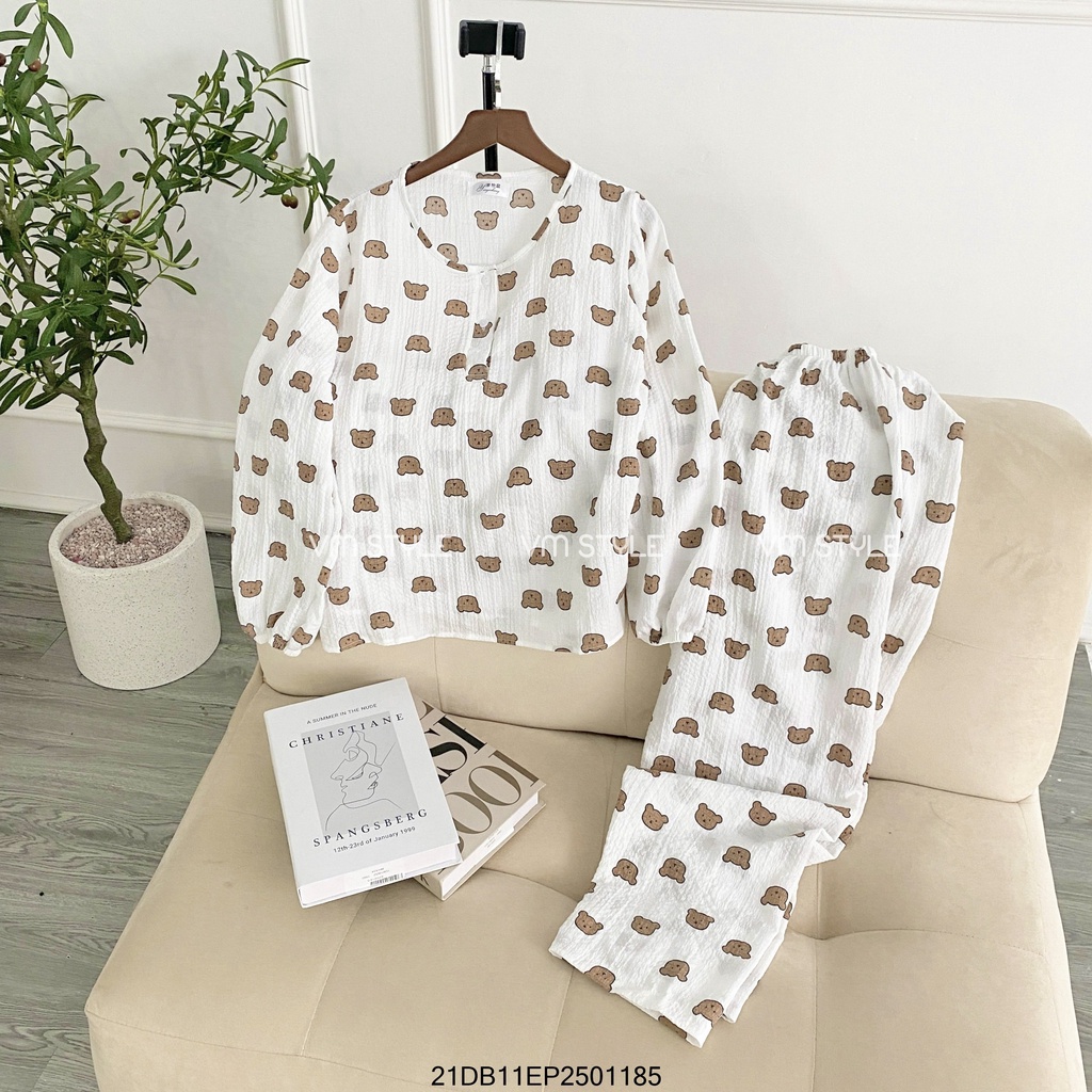 Đồ bộ ngủ nữ tay dài xốp cổ tròn cài nút mặc nhà họa tiết hàn quốc dáng rộng dài Fmstyle Saigon21DB10EP2201-21DB11EP2501 | BigBuy360 - bigbuy360.vn