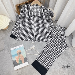 Bộ ngủ nữ, đồ bộ pyjama lụa mango cổ sen dài tay họa tiết caro đen trắng basic