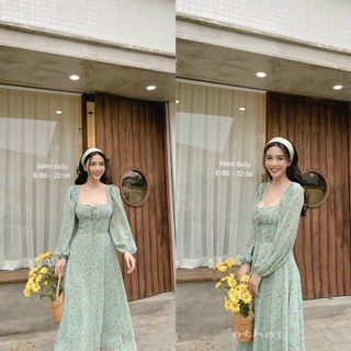 Đầm maxi hoa xẻ tà nhún ngực - kèm hình thật