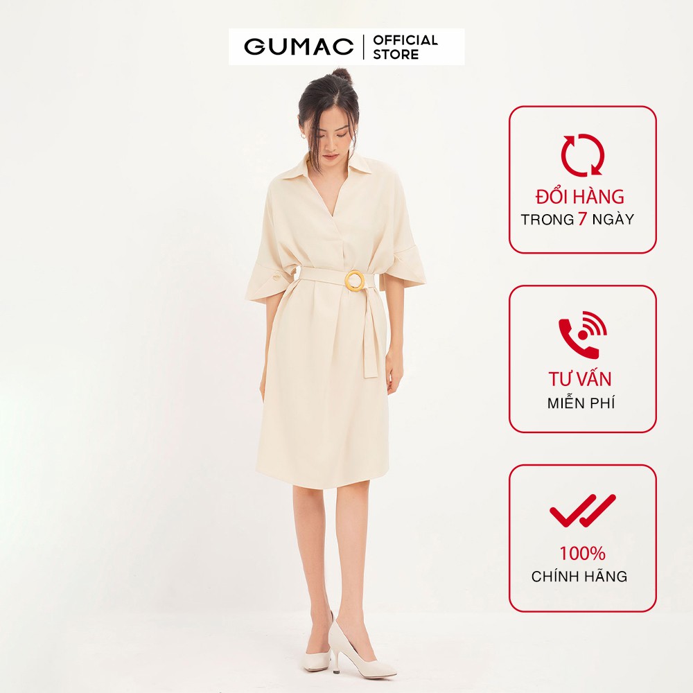 Đầm suông nữ GUMAC tay lỡ ohối đai eo cá tính, màu nude freesize DA12120
