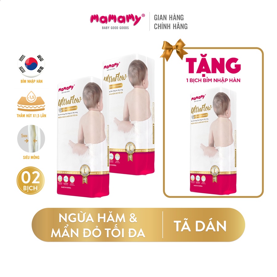 Tã dán Mamamy Ultraflow chống tràn, khô thoáng, đủ size S54M46L42XL36 - Combo 2 bịch tặng 1 bịch cùng loại