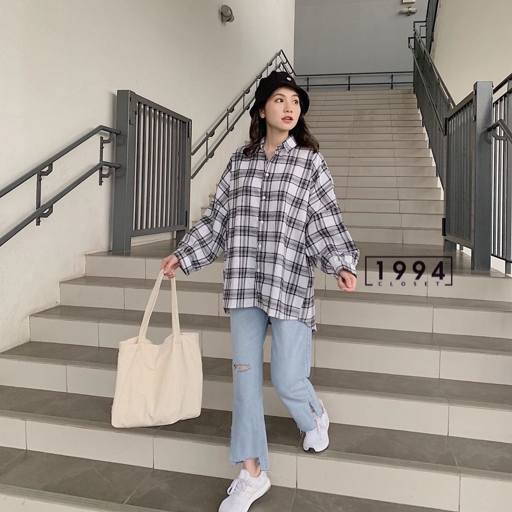 ÁO SOMI CARO DÁNG DÀI FLANEL UNISEX FORM RỘNG MÀU XÁM ĐEN TRẮNG LẠ - ÁO KHOÁC CARO BASIC HOT