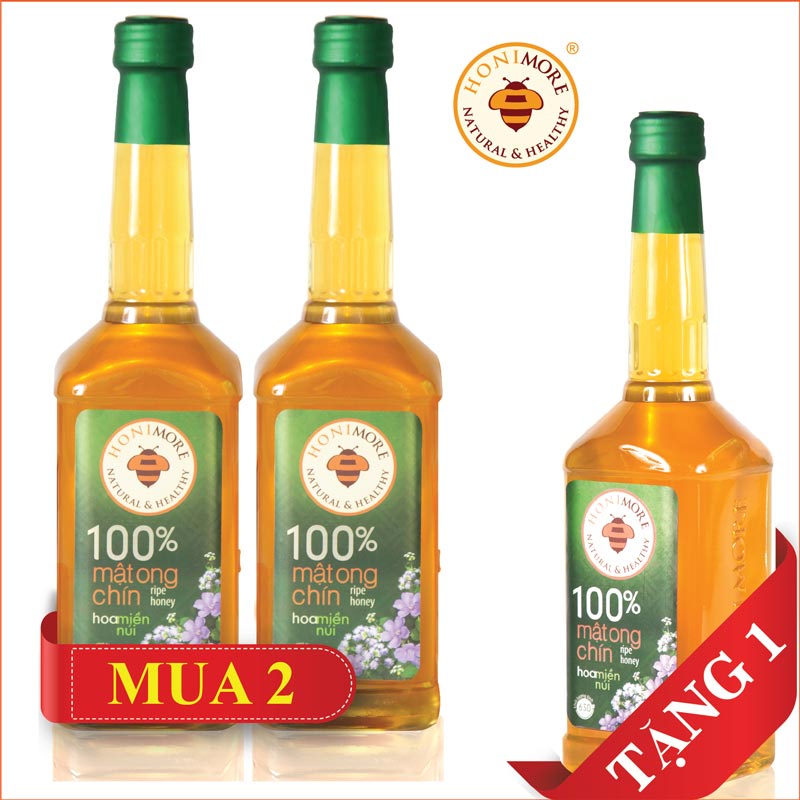 Set 2 chai tặng 1 chai cùng loại: Mật ong nguyên chất Hoa Miền Núi Honimore 630g -100% mật ong rừng nguyên chất