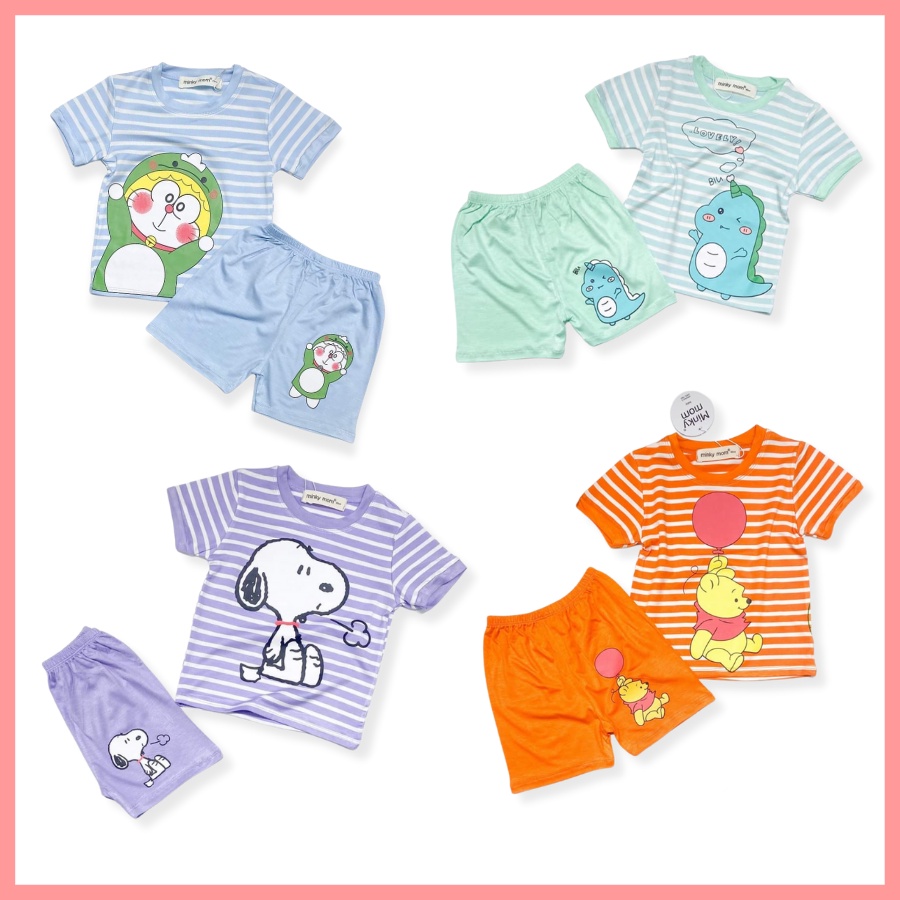 Bộ Thun Lạnh Cộc Tay Cho Bé Trai Bé Gái 8-19kg -TN-IN73 Dệt Sọc In Hoạt Hình Đáng Yêu Chất Vải Thoáng Mát