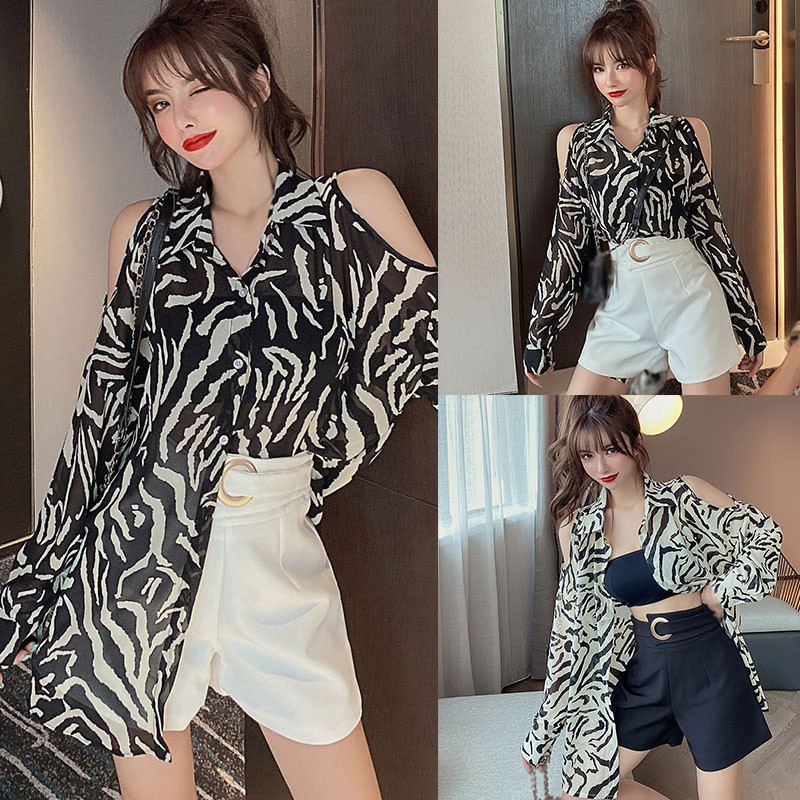 Áo Trễ Vai Tay Dài Hoạ Tiết Da Báo Cho Phái Nữ