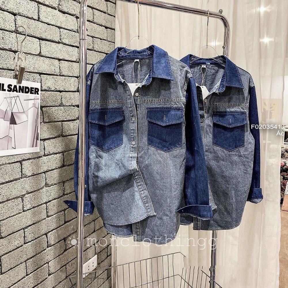Áo sơ mi jean hai túi form rộng tay dài phối màu!